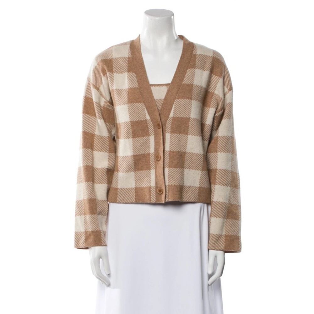Reformation Cashmere Cardigan XS Check Print Neutral Plaid Button Front Sweater